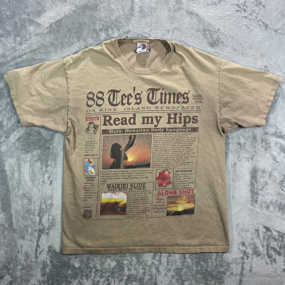 88 Tees Times Newspaper Graphic T Shirt Adult Medium Tan Hula Island Hawaii Tee